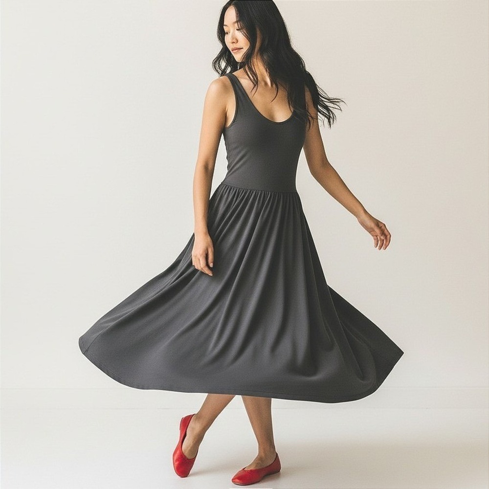 Positive Attitude Womens Black Sleeveless Dropped Waist Pleated Midi Dress M